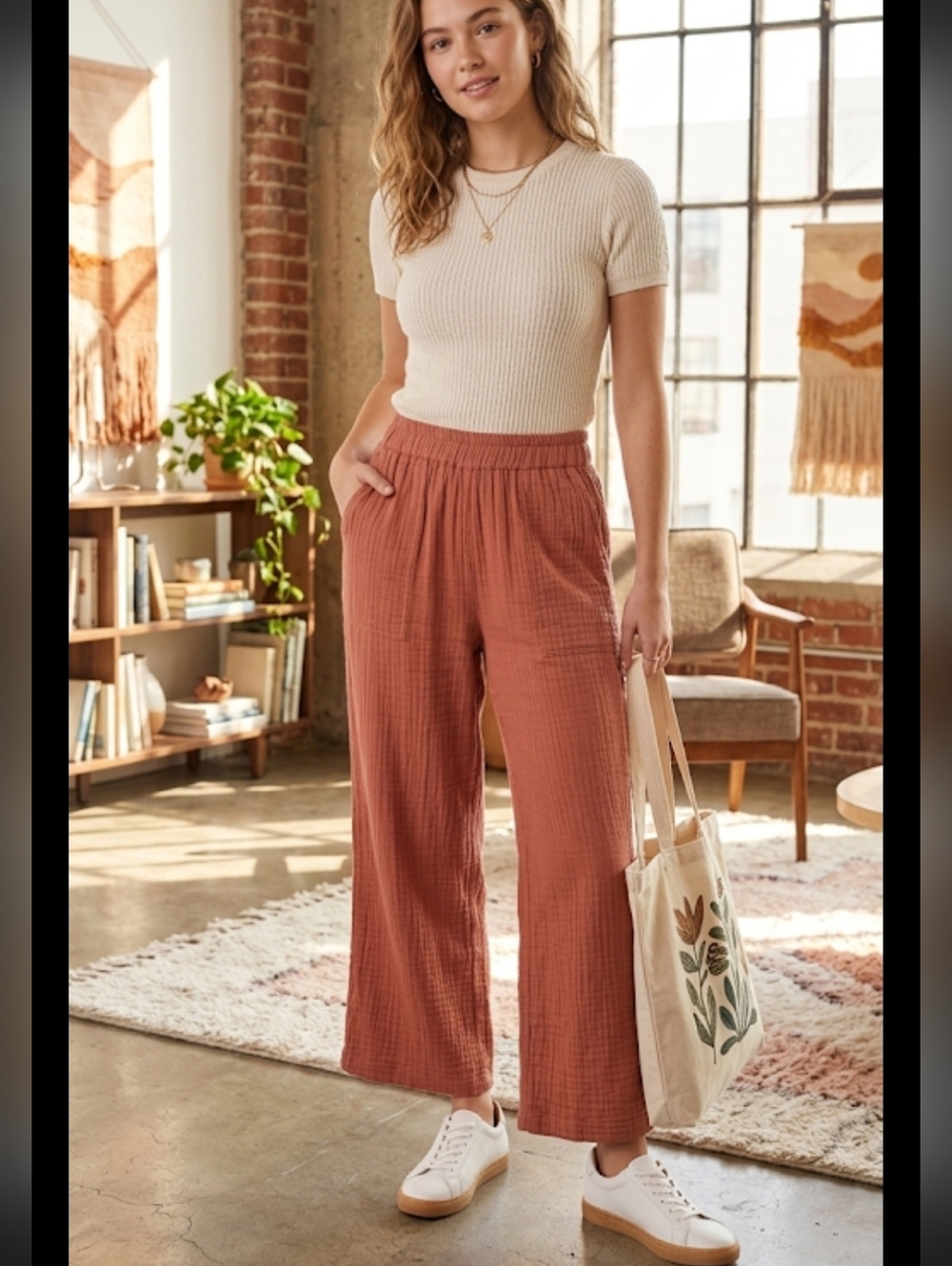 OddBird  Kardes Wide Leg Pants  High Waist Cotton Size XL burnt orange